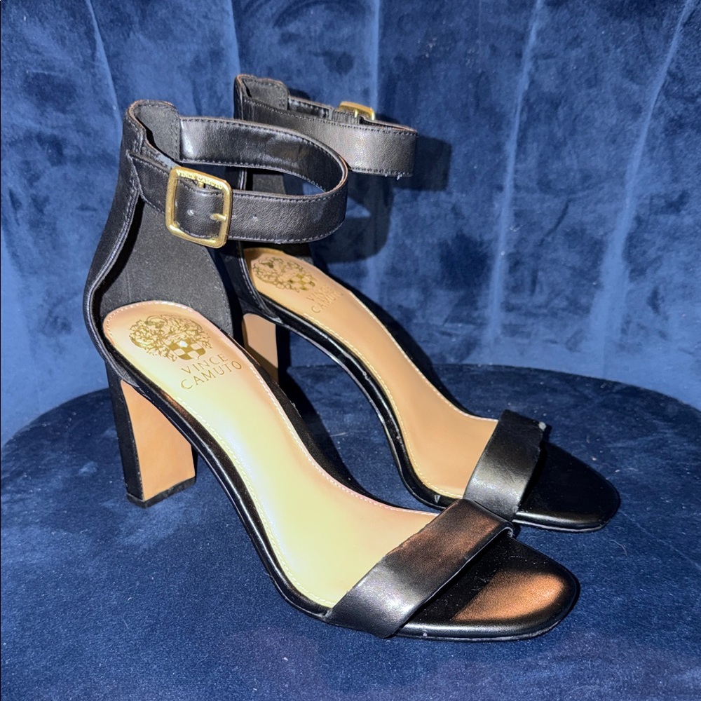 Vince Camuto Black Leather Ankle Strap Heels Size 8.5